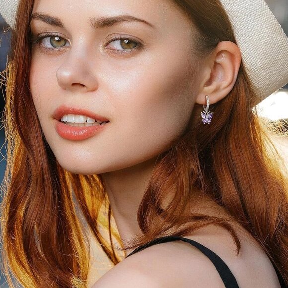 Sterling Silver Butterfly Earrings with Amethyst Dangles Youthful Gift for Women - Picture 7 of 9